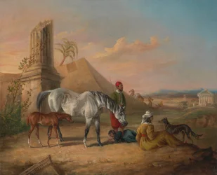 Grey Arabian Mare and Foal, with a Family